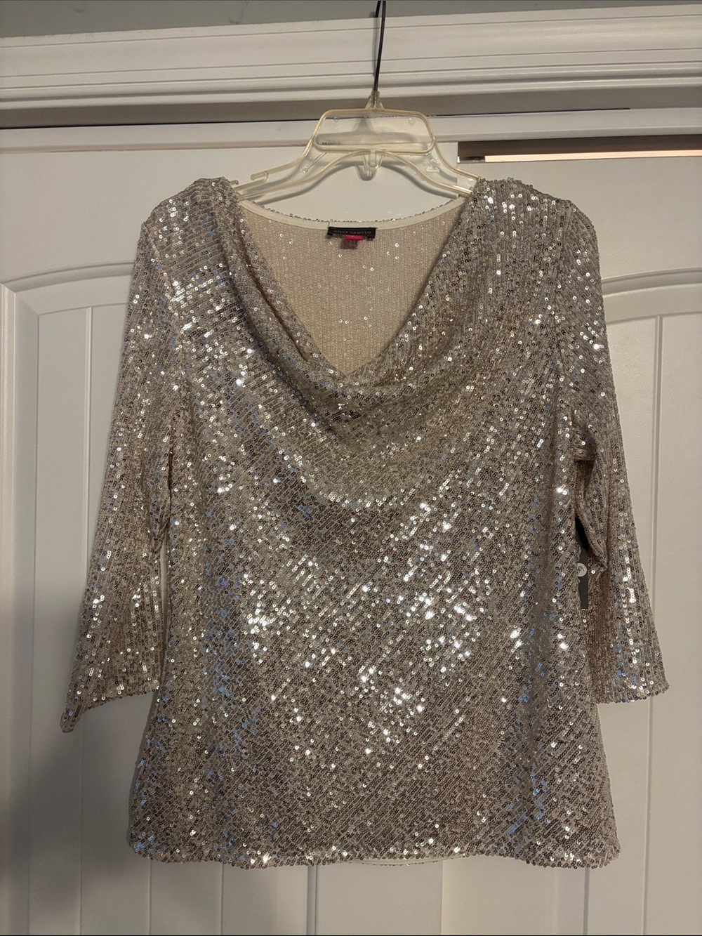 Vince Camuto Silver Sequin Draped Neck Blouse